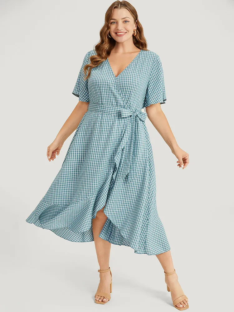 Gingham Pocket Belted Ruffle Trim Surplice Neck Dress sold by Bloomchic