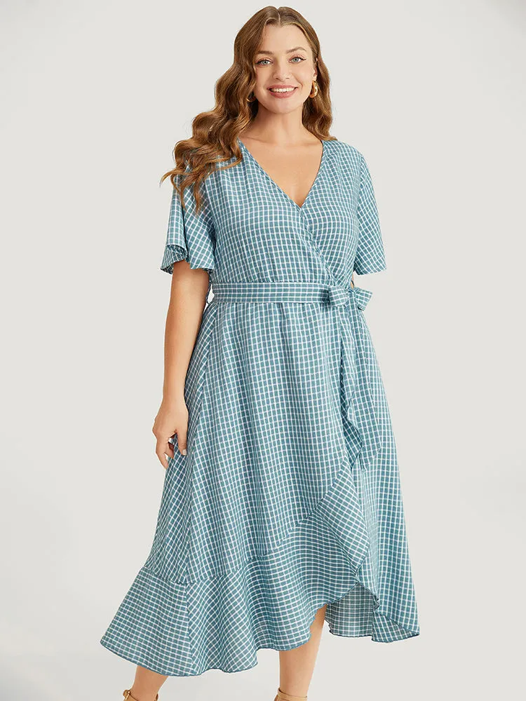 Gingham Pocket Belted Ruffle Trim Surplice Neck Dress sold by Bloomchic product image thumbnail 5