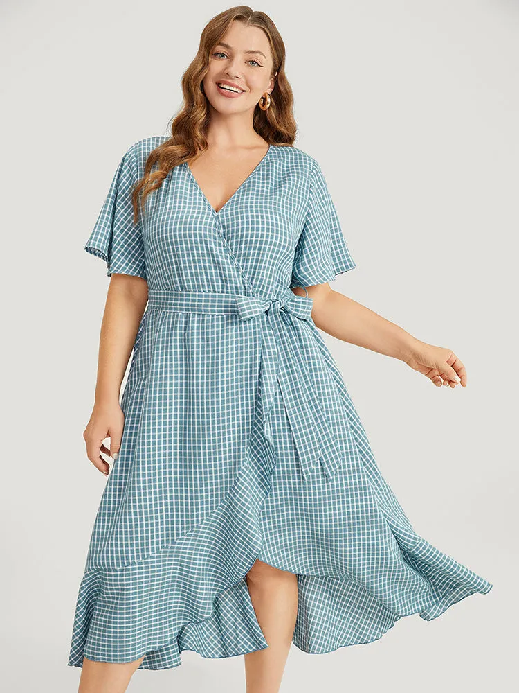 Gingham Pocket Belted Ruffle Trim Surplice Neck Dress sold by Bloomchic product image thumbnail 3