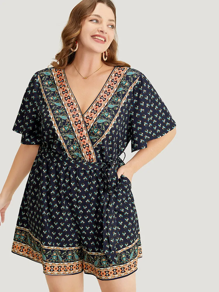 Bandana Print Wrap Ruffle Sleeve Pocket Belted Romper sold by Bloomchic product image thumbnail 3