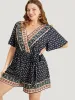 Bandana Print Wrap Ruffle Sleeve Pocket Belted Romper sold by Bloomchic