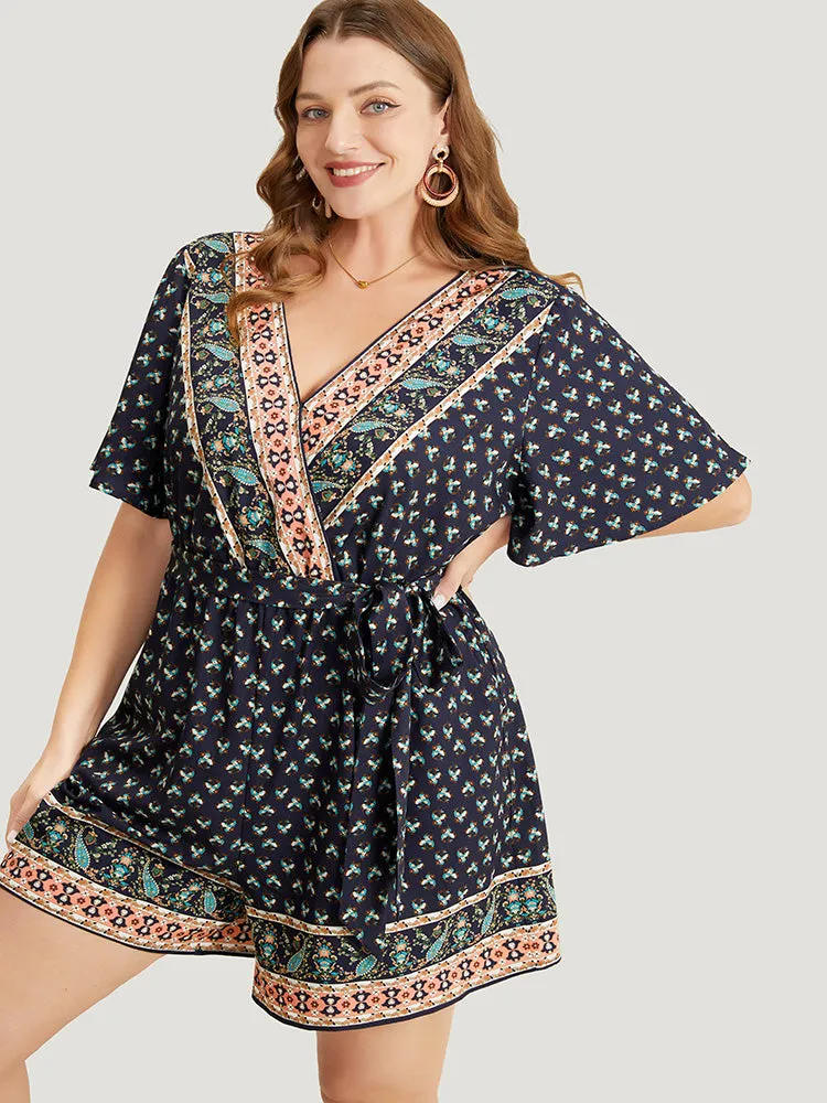 Bandana Print Wrap Ruffle Sleeve Pocket Belted Romper sold by Bloomchic product image thumbnail 4