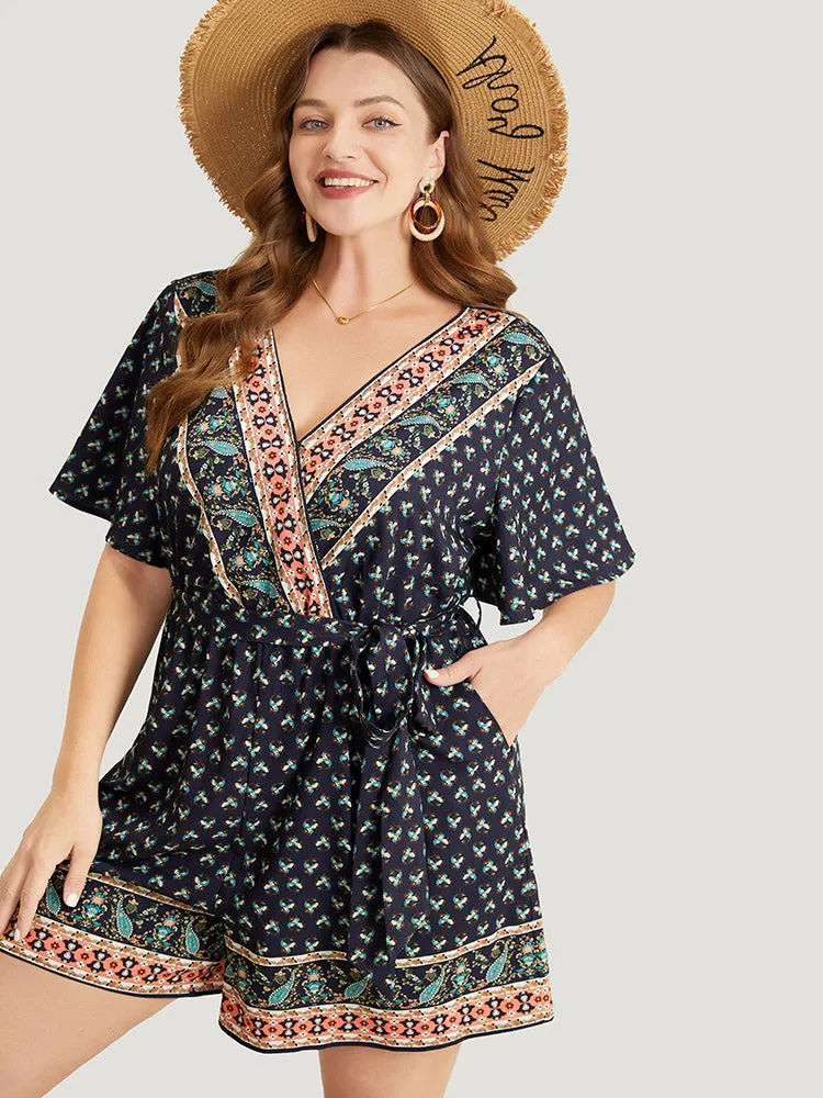 Bandana Print Wrap Ruffle Sleeve Pocket Belted Romper sold by Bloomchic product image thumbnail 2