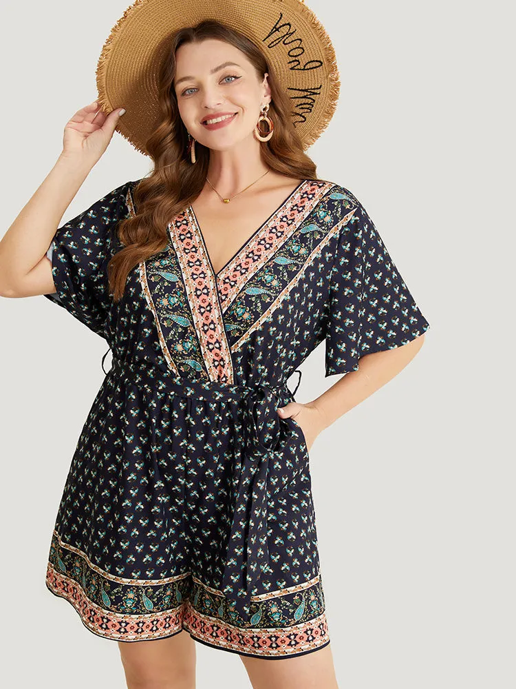 Bandana Print Wrap Ruffle Sleeve Pocket Belted Romper sold by Bloomchic