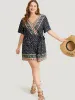 Bandana Print Wrap Ruffle Sleeve Pocket Belted Romper sold by Bloomchic