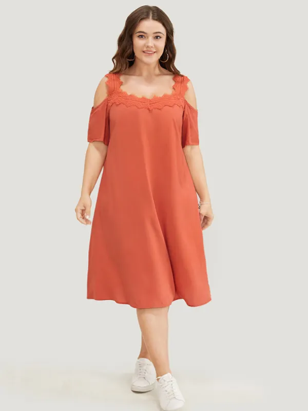 Solid Contrast Lace Pocket Cold Shoulder Midi Dress sold by Bloomchic