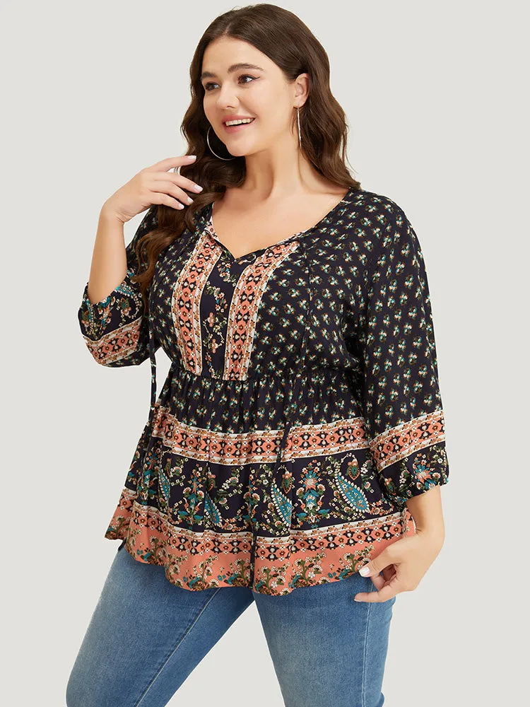 Bandana & Paisley Print Lantern Sleeve Knot Neck Ruffle Blouse sold by Bloomchic product image thumbnail 3