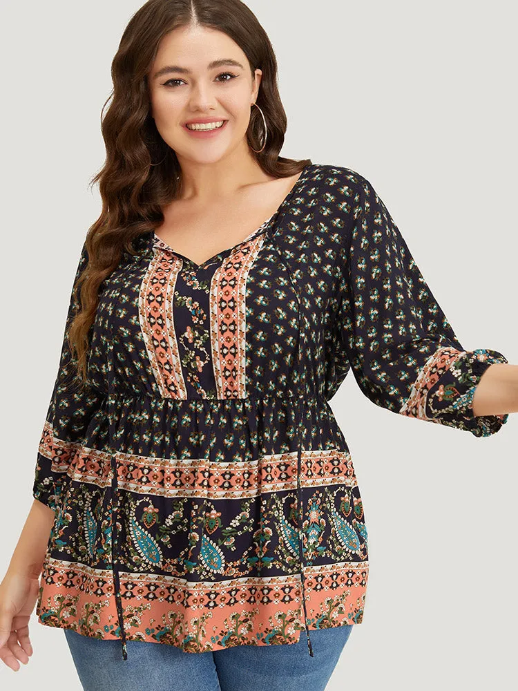 Bandana & Paisley Print Lantern Sleeve Knot Neck Ruffle Blouse sold by Bloomchic