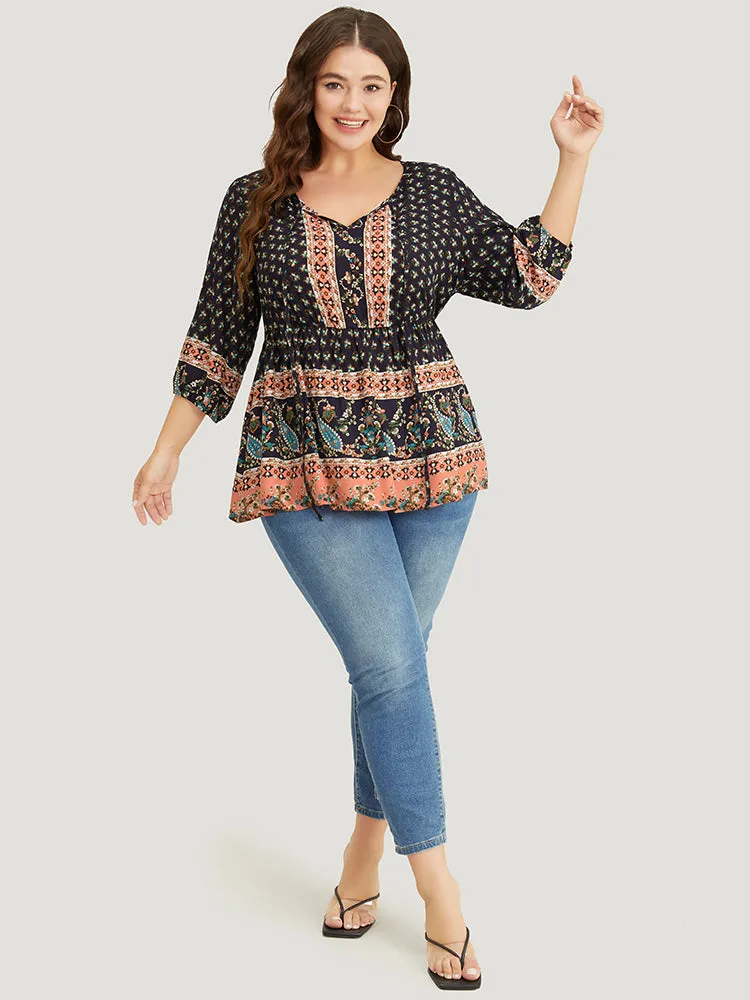 Bandana & Paisley Print Lantern Sleeve Knot Neck Ruffle Blouse sold by Bloomchic product image thumbnail 4