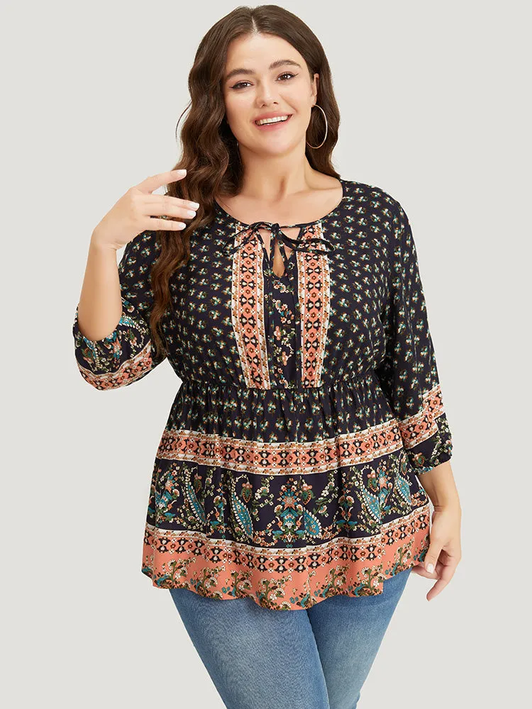 Bandana & Paisley Print Lantern Sleeve Knot Neck Ruffle Blouse sold by Bloomchic product image thumbnail 2