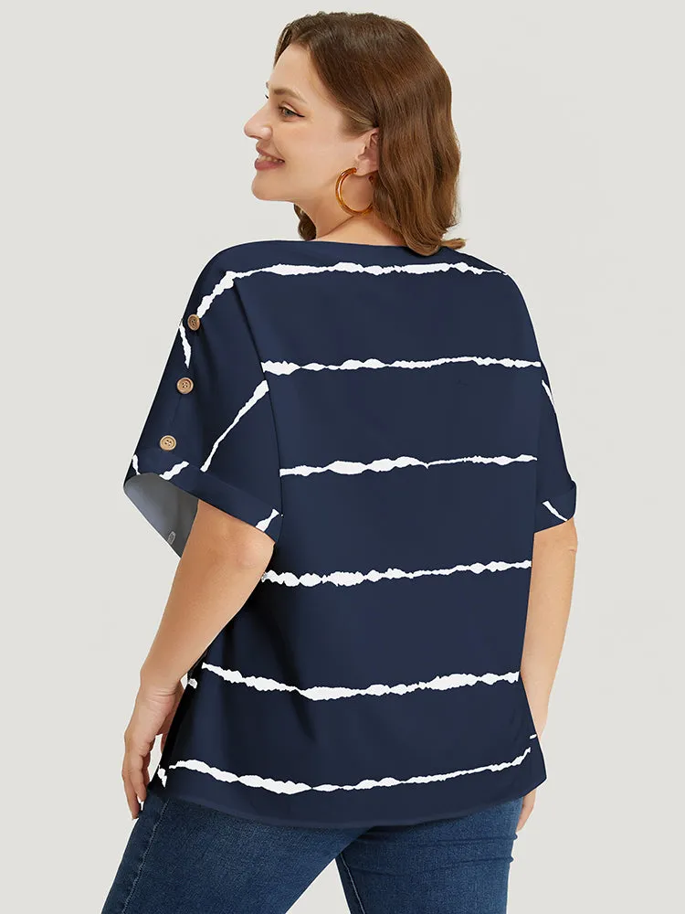 Tie Dye Notched Button Detail Roll Dolman Sleeve Striped Blouse sold by Bloomchic product image thumbnail 4