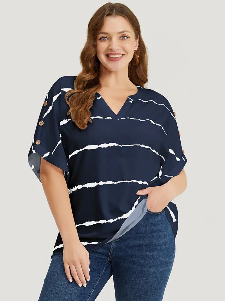 Tie Dye Notched Button Detail Roll Dolman Sleeve Striped Blouse sold by Bloomchic