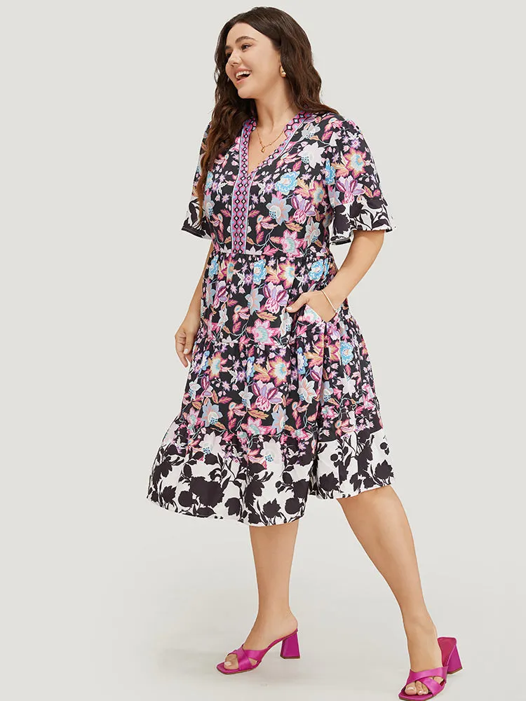 Floral Print Pocket Ruffle Tiered Bell Sleeve Dress sold by Bloomchic product image thumbnail 3