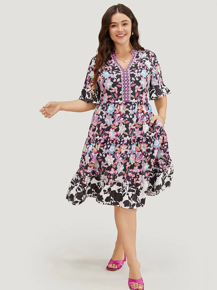 Floral Print Pocket Ruffle Tiered Bell Sleeve Dress sold by Bloomchic