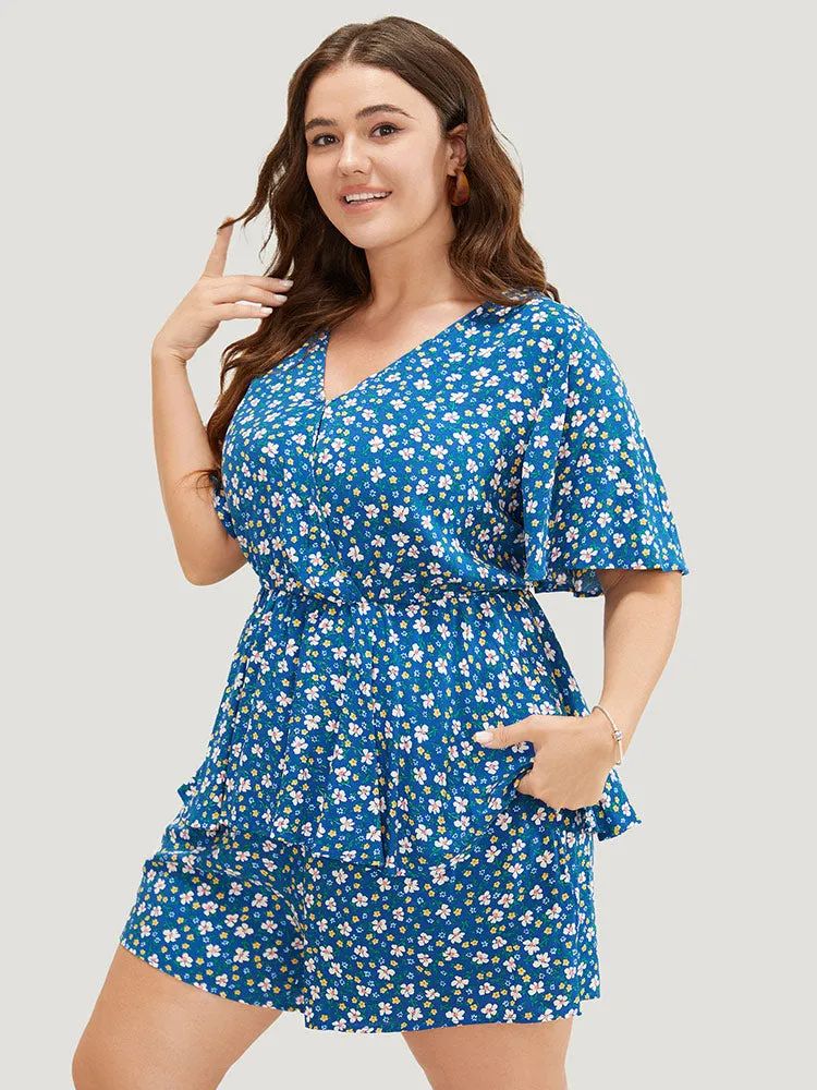 Ditsy Floral Tiered Hem Ruffle Sleeve Pocket Wrap Romper sold by Bloomchic product image thumbnail 3