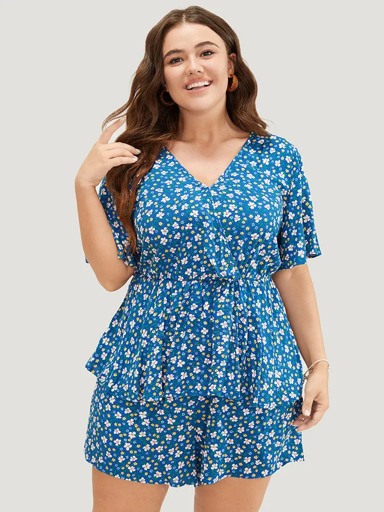 Ditsy Floral Tiered Hem Ruffle Sleeve Pocket Wrap Romper sold by Bloomchic product image thumbnail 4