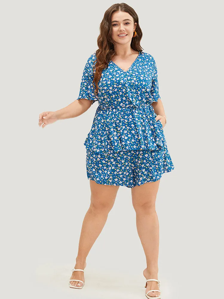 Ditsy Floral Tiered Hem Ruffle Sleeve Pocket Wrap Romper sold by Bloomchic product image thumbnail 5