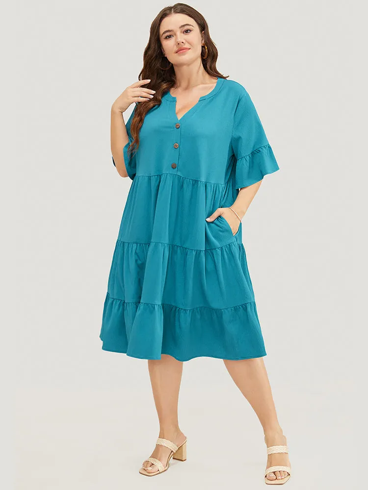 Solid Button Detail Pocket Ruffle Tiered Bell Sleeve Midi Dress sold by Bloomchic product image thumbnail 2