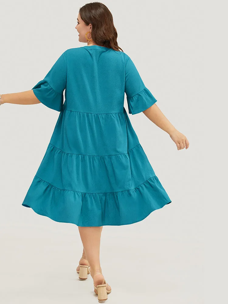 Solid Button Detail Pocket Ruffle Tiered Bell Sleeve Midi Dress sold by Bloomchic product image thumbnail 3