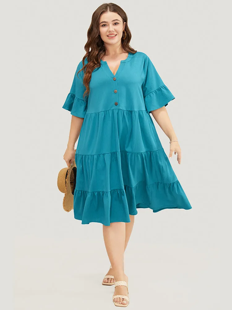 Solid Button Detail Pocket Ruffle Tiered Bell Sleeve Midi Dress sold by Bloomchic