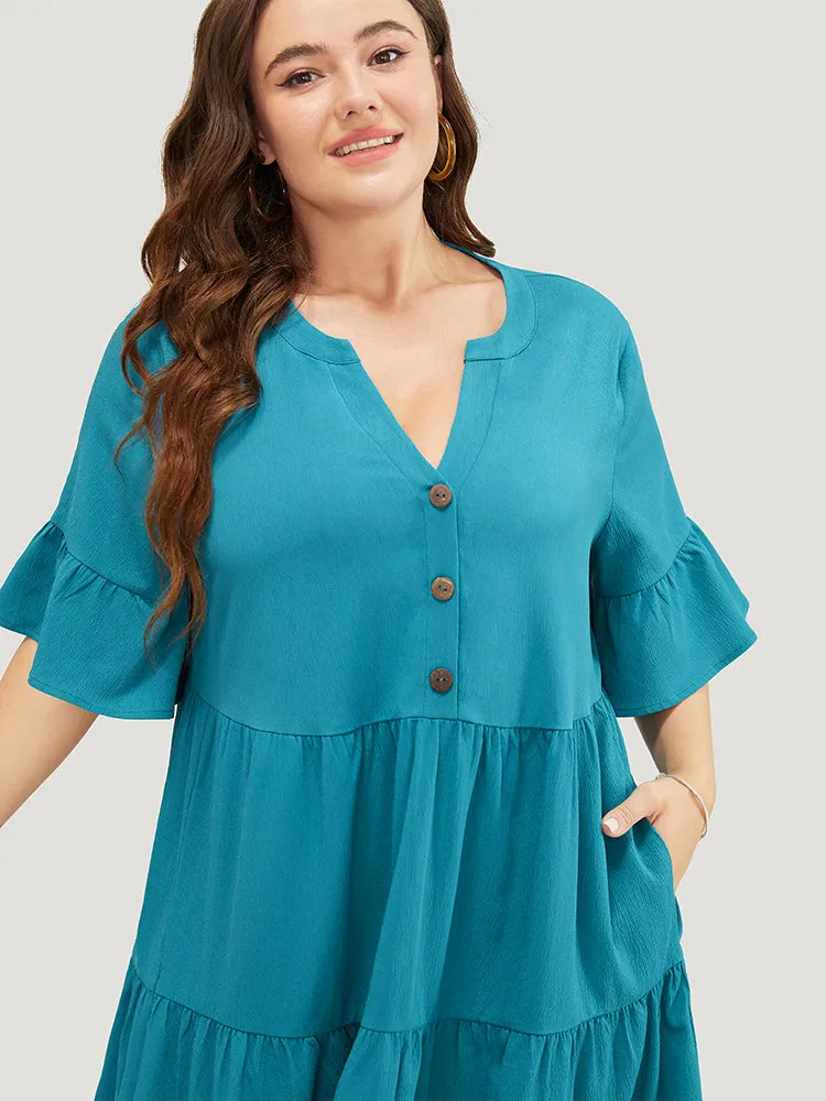 Solid Button Detail Pocket Ruffle Tiered Bell Sleeve Midi Dress sold by Bloomchic product image thumbnail 5