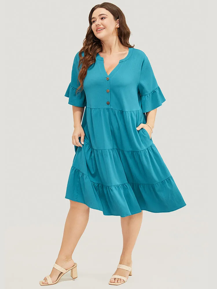 Solid Button Detail Pocket Ruffle Tiered Bell Sleeve Midi Dress sold by Bloomchic product image thumbnail 4