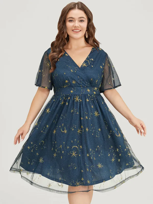 Star & Moon Embroidered Mesh Ruffle Sleeve Pocket Wrap Dress sold by Bloomchic