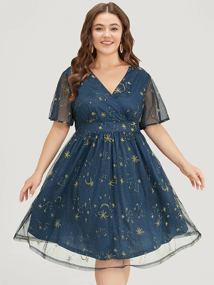Star & Moon Embroidered Mesh Ruffle Sleeve Pocket Wrap Dress sold by Bloomchic