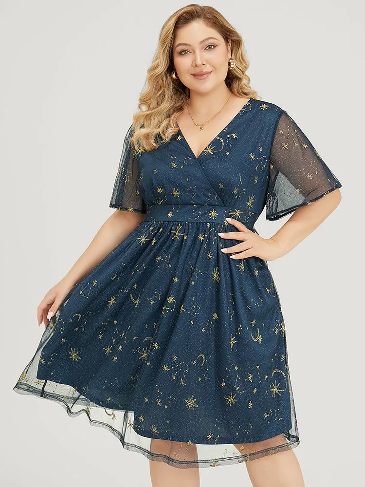 Star & Moon Embroidered Mesh Ruffle Sleeve Pocket Wrap Dress sold by Bloomchic product image thumbnail 4