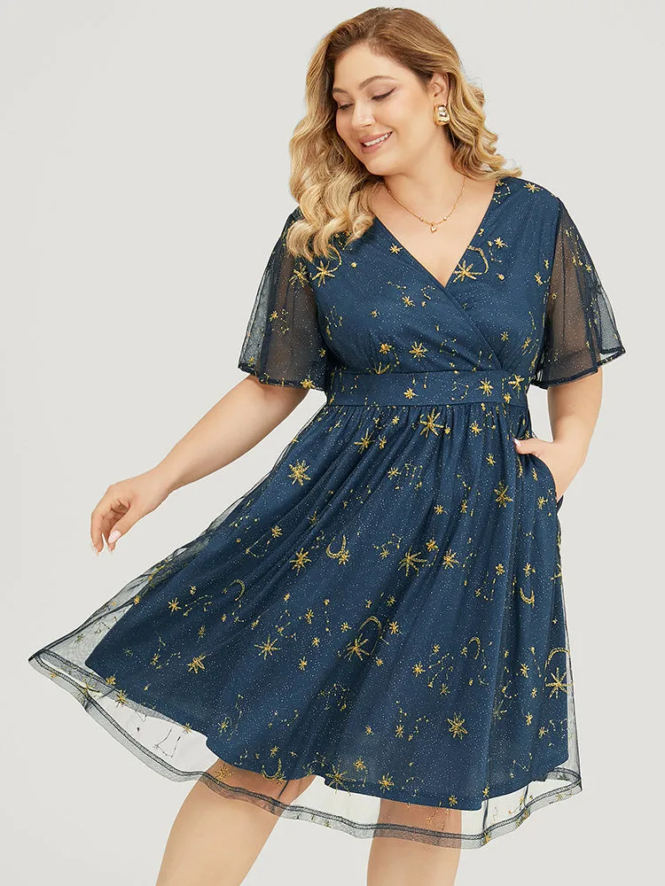 Star & Moon Embroidered Mesh Ruffle Sleeve Pocket Wrap Dress sold by Bloomchic product image thumbnail 5