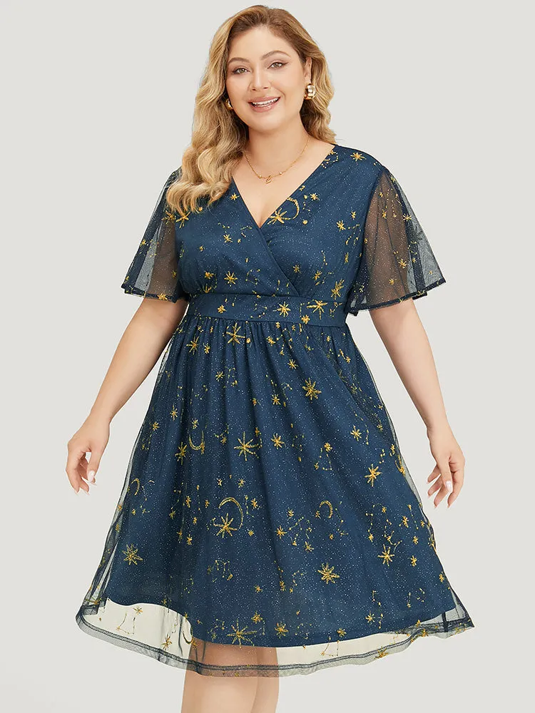 Star & Moon Embroidered Mesh Ruffle Sleeve Pocket Wrap Dress sold by Bloomchic product image thumbnail 3