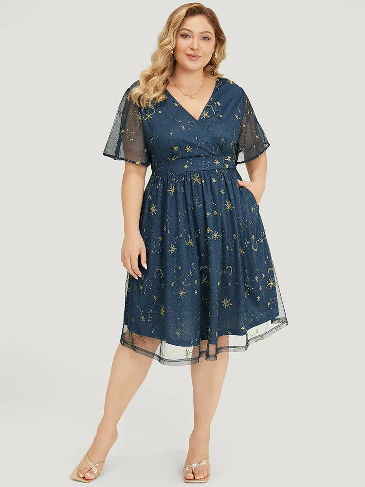 Star & Moon Embroidered Mesh Ruffle Sleeve Pocket Wrap Dress sold by Bloomchic product image thumbnail 2