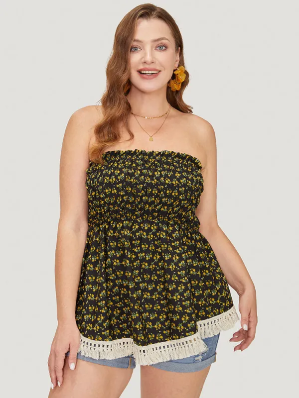 Ditsy Floral Frill Trim Tassels Hem Shirred Off Shoulder Blouse sold by Bloomchic