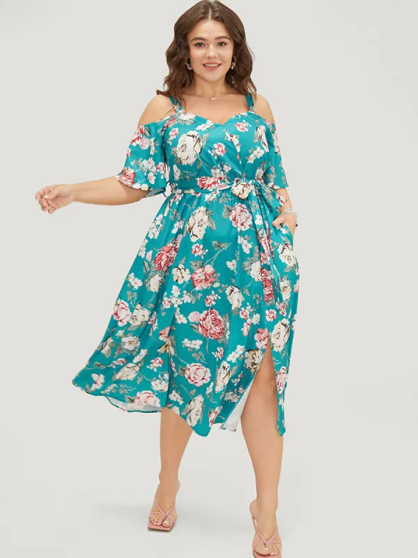Floral Belted Flutter Hem Pocket Wrap Cold Shoulder Split Dress sold by Bloomchic