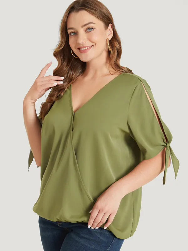 Plain Wrap Cut Out Knot Sleeve Blouse sold by Bloomchic