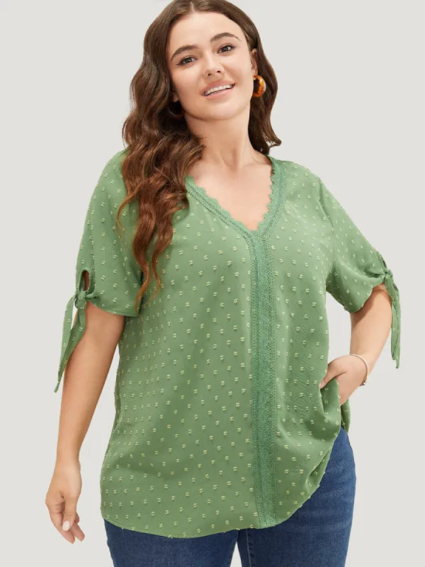 Polka Dot Knotted Sleeve Lace Blouse sold by Bloomchic