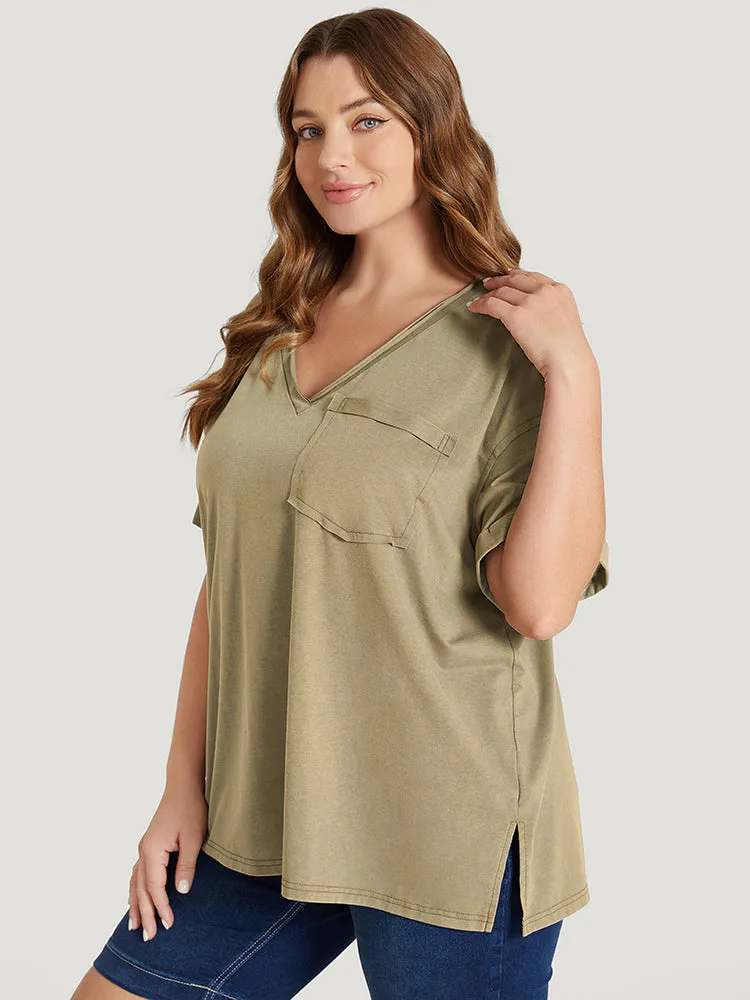 Solid Vintage Roll Sleeve Pocket Split Hem T-shirt sold by Bloomchic product image thumbnail 3