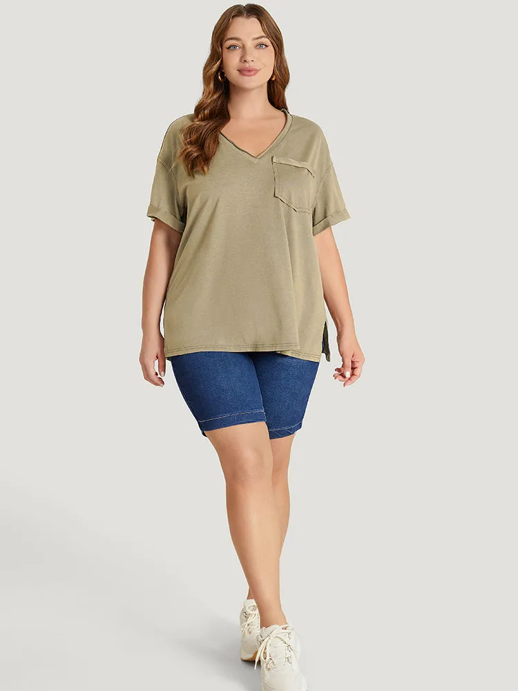 Solid Vintage Roll Sleeve Pocket Split Hem T-shirt sold by Bloomchic product image thumbnail 4