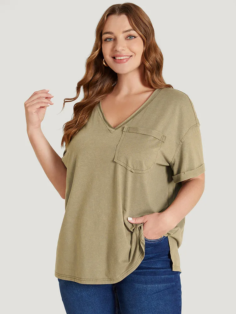Solid Vintage Roll Sleeve Pocket Split Hem T-shirt sold by Bloomchic