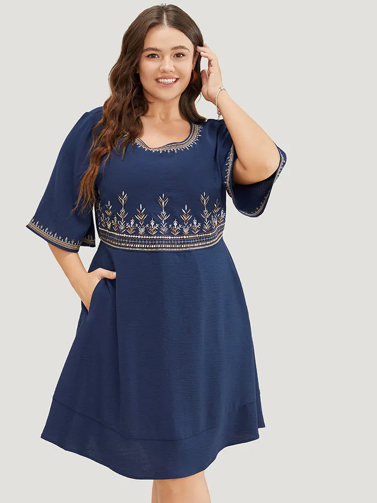 Plant Embroidered Pocket Ruffle Sleeve Knee Dress sold by Bloomchic