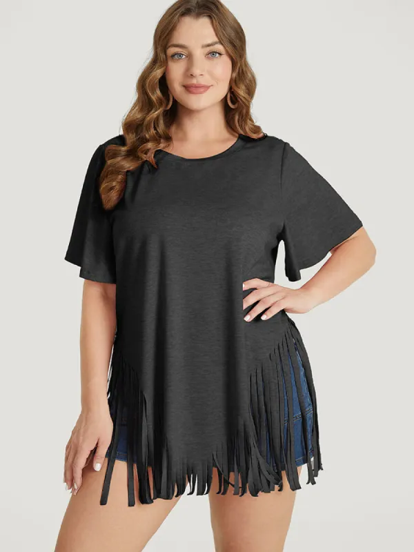 Solid Fringe Trim Asymmetrical Hem Ruffle Sleeve T-shirt sold by Bloomchic