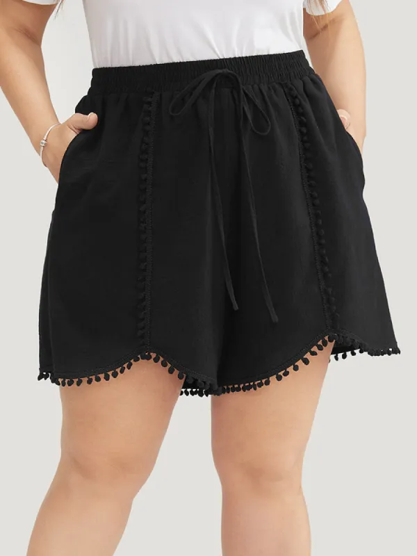 Plain Pompom Trim Pocket Knotted Shorts sold by Bloomchic