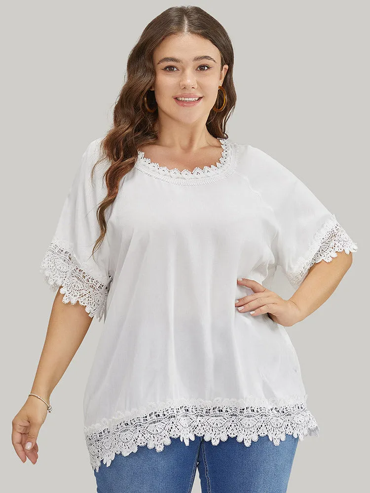Solid Contrast Lace Raglan Sleeve Blouse sold by Bloomchic