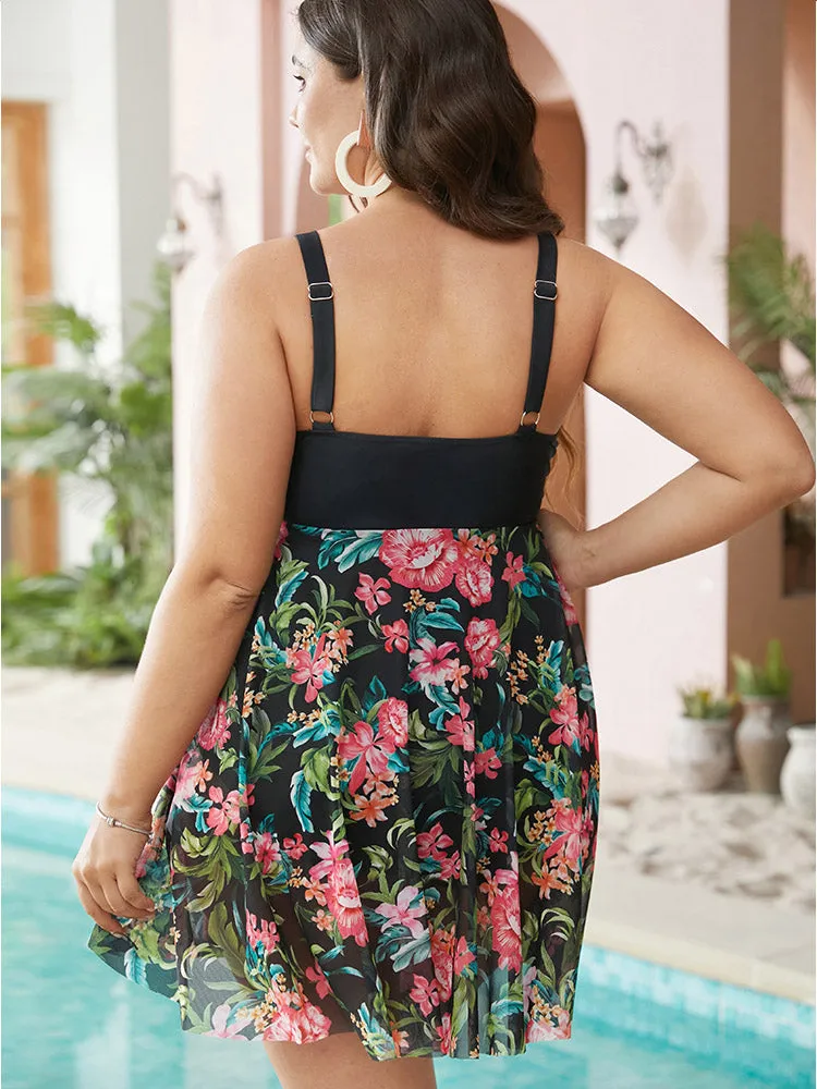 Tropical Patchwork Flutter Hem Knot Front Swim Dress sold by Bloomchic product image thumbnail 2