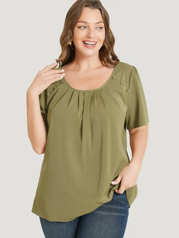Solid Pleated Button Detail Blouse sold by Bloomchic