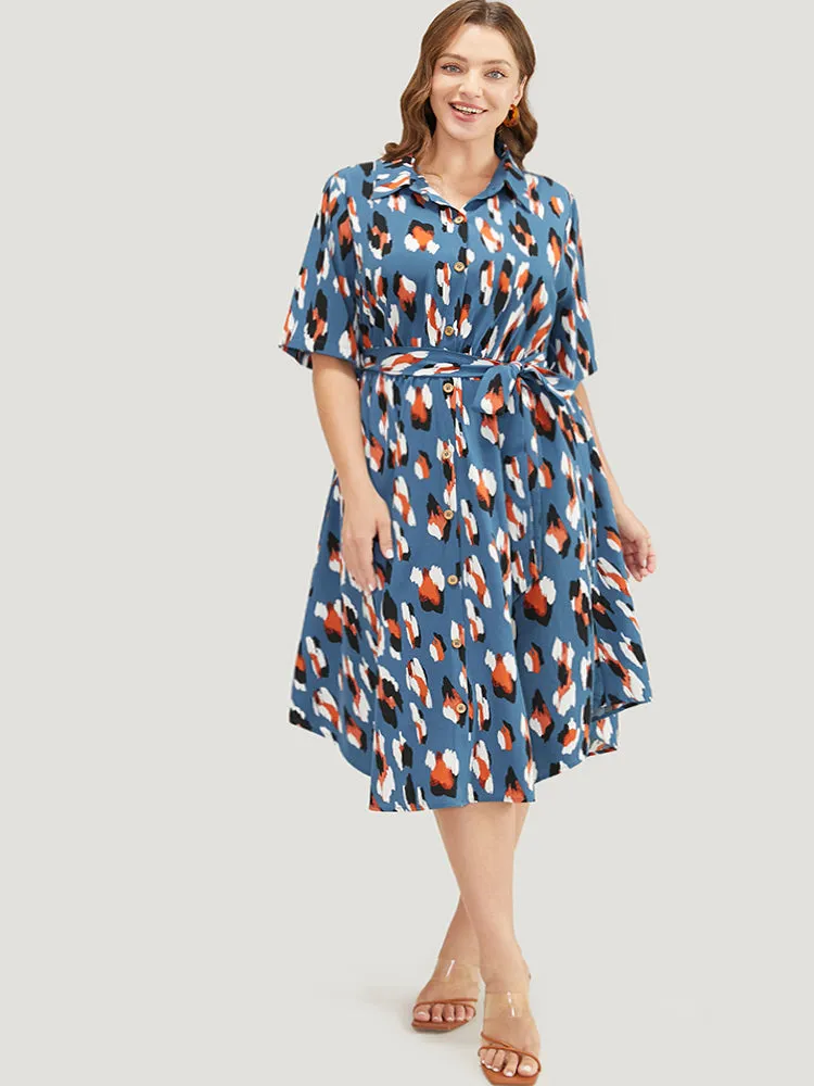 Allover Print Button Detail Pocket Belted Arc Hem Dress sold by Bloomchic
