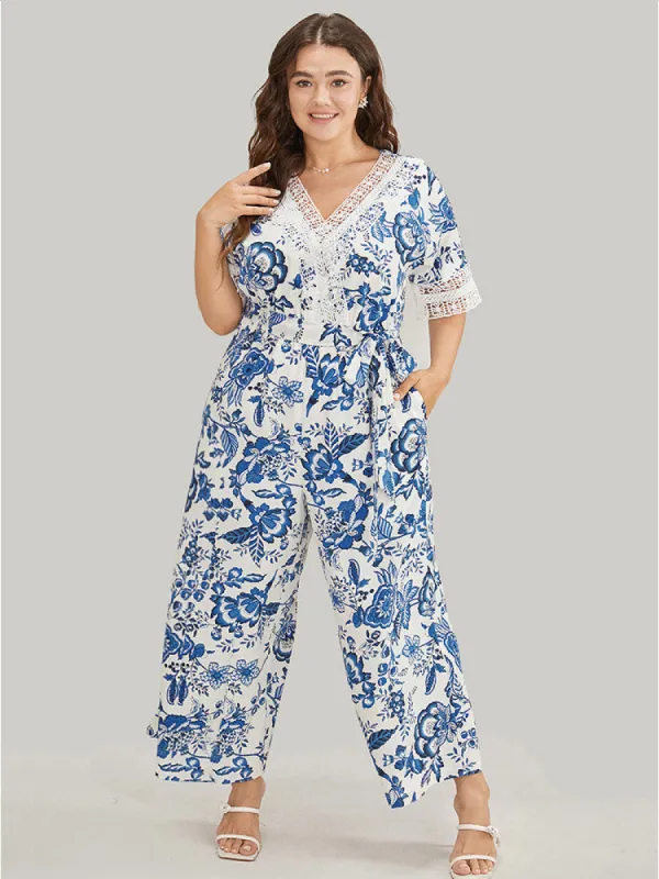 Floral Belted Pocket Lace Trim Wrap Jumpsuit sold by Bloomchic
