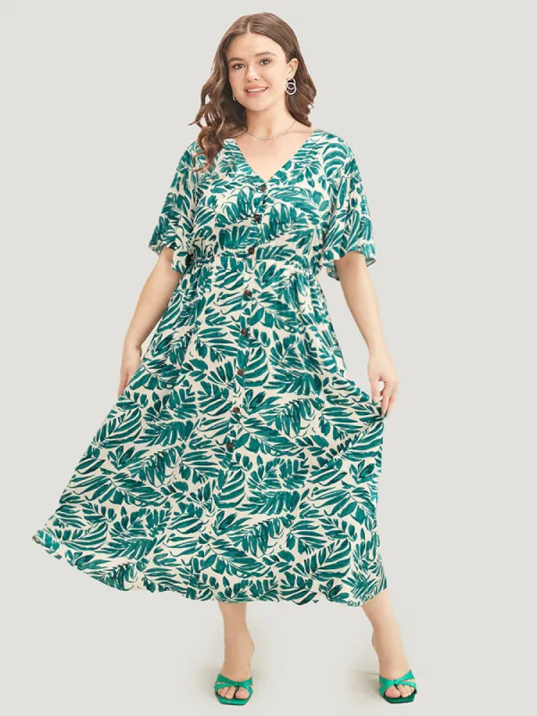 Plant Print Flutter Sleeve Button Detail Pocket Dress sold by Bloomchic