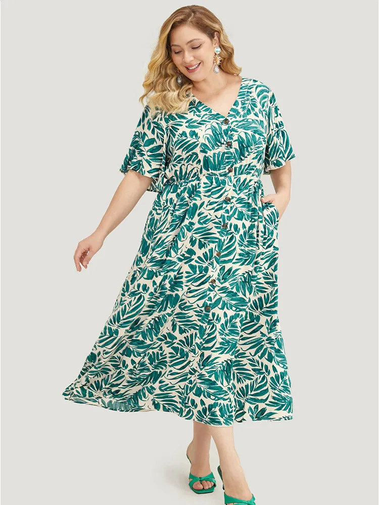 Plant Print Flutter Sleeve Button Detail Pocket Dress sold by Bloomchic product image thumbnail 2