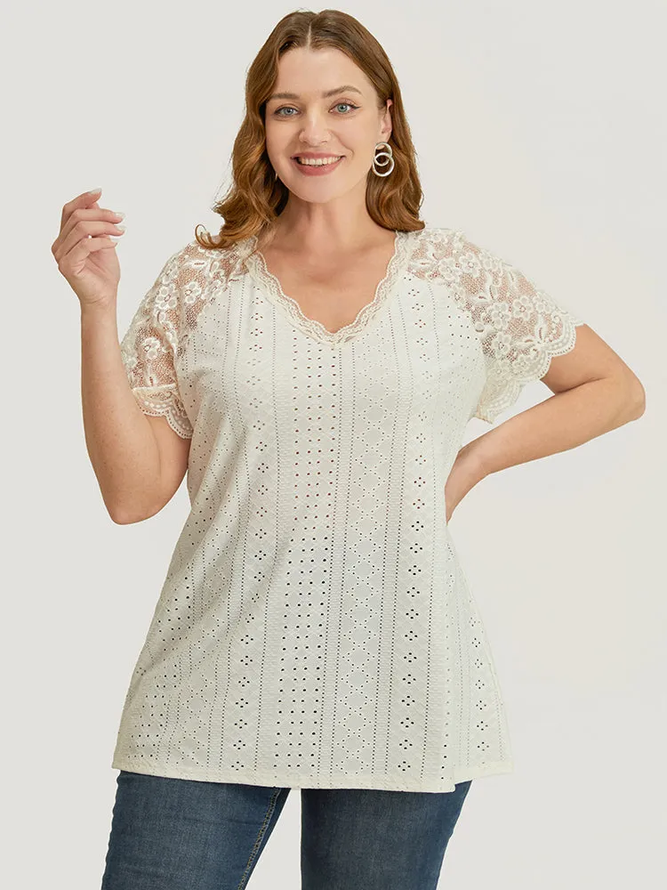 Plain Lace Raglan Sleeve Broderie Anglaise Scalloped Trim T-shirt sold by Bloomchic